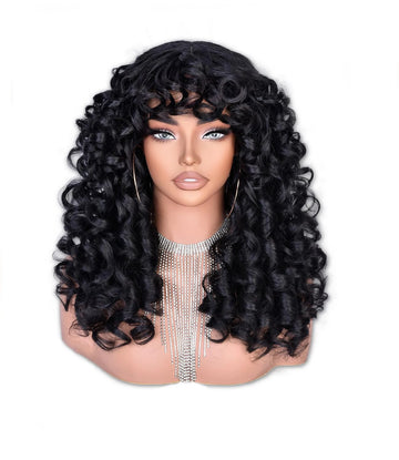Black Curly Wig with Bangs, Suitable for Black Women; Long Curly African-Style Wig; Made of Soft Synthetic Fiber; No Glue Required; Suitable for Cosplay and Daily Wear