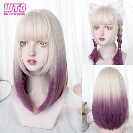 Cosplay Wig With Bangs Synthetic Straight Hair Long Heat-Resistant Ombre Purple Wig For Women Party Date Wear Use