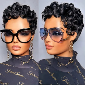 150% Density Short Curly Pixie Cut Human Hair Wigs #1B Natural Black Full Machine Made Brazilian Remy Hair Short Bob Wig for Wom
