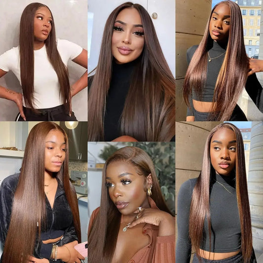 Human Synthetic Hair Lace Front Wigs for Women 13x4 HD Chocolate Brown Straight Transparent Lace Frontal Wig