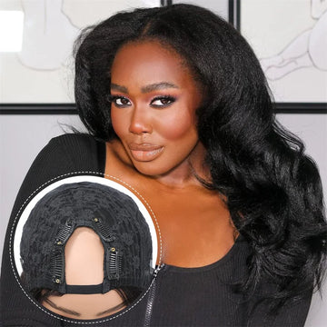 U Part Kinky Straight Wig Human Hair for Women Brazilian Yaki Straight Machine Made Human Hair Natural Color 180% Density