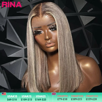 Dark Root Blonde Highlight With Brown Roots 100% Human Hair Wig Short Bob 180% Density Straight Pre Plucked For Women Wig