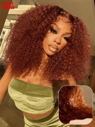 Beautyforever Reddish Brown Curly Glueless Human Hair Wig Ready to Wear Bye Bye Knots 7x5 Pre Cut Lace Front Human Hair Wig