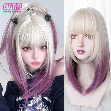 Cosplay Wig With Bangs Synthetic Straight Hair Long Heat-Resistant Ombre Purple Wig For Women Party Date Wear Use