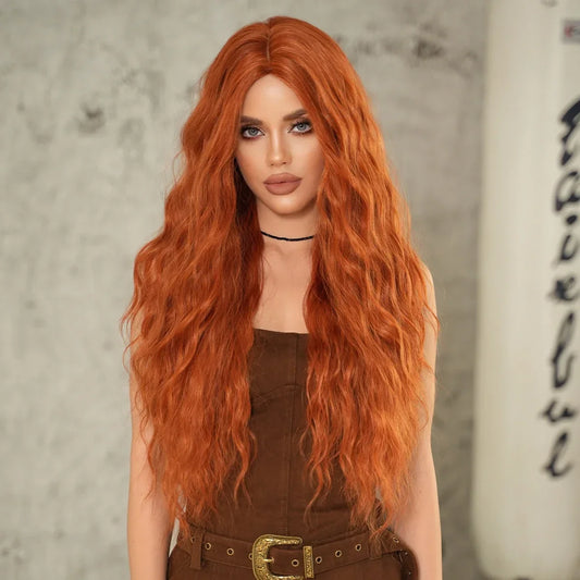 PARK YUN Long Wavy Curly Orange Wigs for Women Natural Mid Parting Synthetic Wigs Daily Use Heat Resistant Party Fake Hair