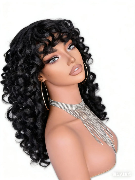 Black Curly Wig with Bangs, Suitable for Black Women; Long Curly African-Style Wig; Made of Soft Synthetic Fiber; No Glue Required; Suitable for Cosplay and Daily Wear