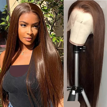 Human Synthetic Hair Lace Front Wigs for Women 13x4 HD Chocolate Brown Straight Transparent Lace Frontal Wig