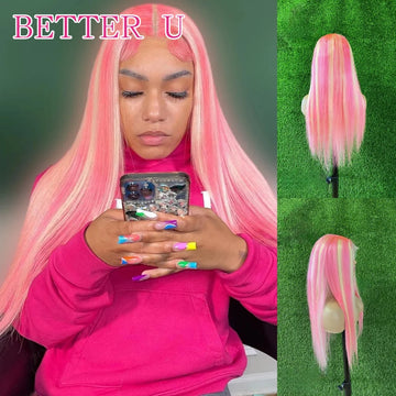 13x6 Highlight Pink With Blonde Colored Lace Front Wig Human Hair For Women Brazilian Straight 13x4 Lace Frontal Wig PrePlucked