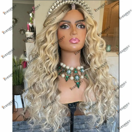 Glueless U Part Wig Human Hair Dirty Blonde Highligths Balayage Roots Curly Wig V Part Wig 100% Virgin Human Hair Wig for Women