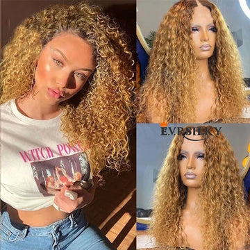 Ombre Honey Golden Blonde Bouncy Curly V Part Wig Unprocessed 100% Human Hair Wig Water Wave U Part Wigs Adjustable 250Density