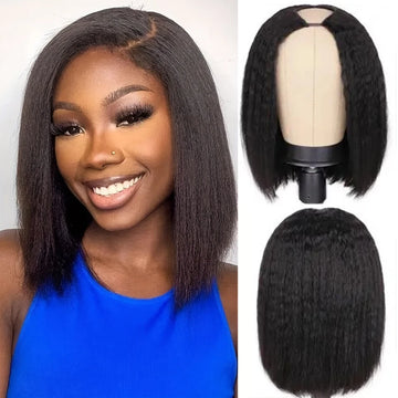250% U Part Wig Kinky Straight Bob Human Hair Wigs For Women 8-16" Brazilian Virgin Hair Natural Color Machine Made U Shape Wigs