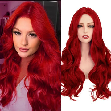 Red Long Curly Wavy Synthetic Heat Resistant Wig With Bangs Women Wigs For Daily Wear Wigs Cosplay Party Gifts Christmas Wigs LM