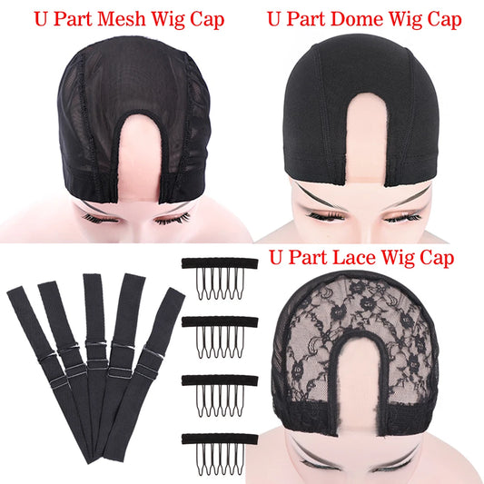 2Pcs U Part Wig Cap With Mono Lace Dome Wig Cap For Making Wigs With 3Cm Knit Wig Band& 6Teeth Wig Comb Clipswig Making Supplies