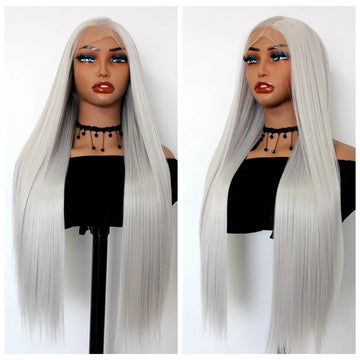 13X4 Lace Front Wigs Straight Hair Glueless Lace Wigs Synthetic Long Silk Straight Natural Wig 180% Density Grey Wigs