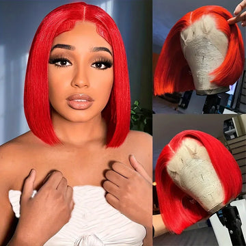 Red Colored Short Bob  Wig 180% Density13x4 Lace Front Wigs  Straight Human Hair Wigs 100%Human Hair Quality UmamusementCosp